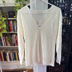 NY&C Cream V-Neck Sweater with Diamond Accents